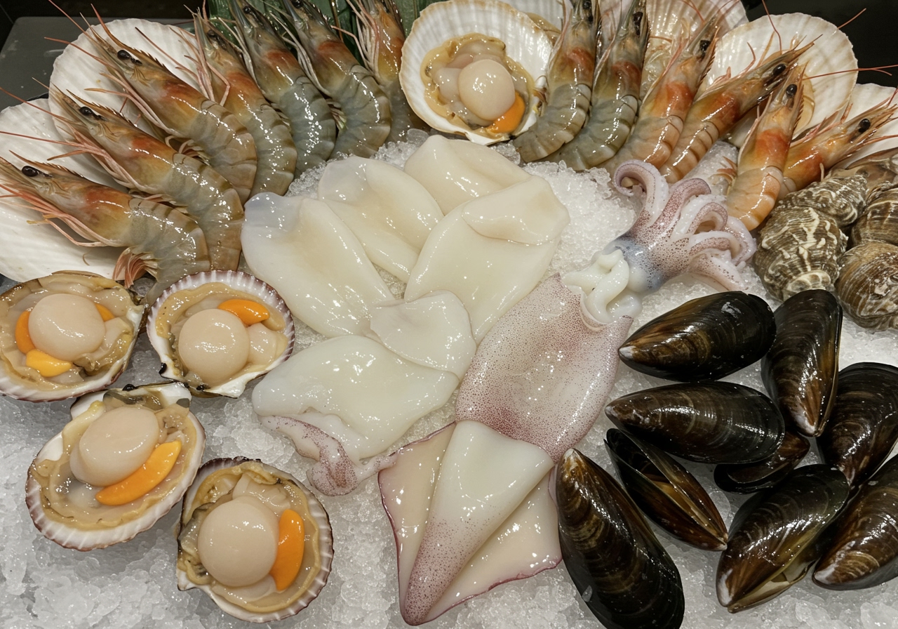 Fresh raw seafood displayed attractively: shiny shrimp, clear squid, closed mussels, and plump scallops on crushed ice.