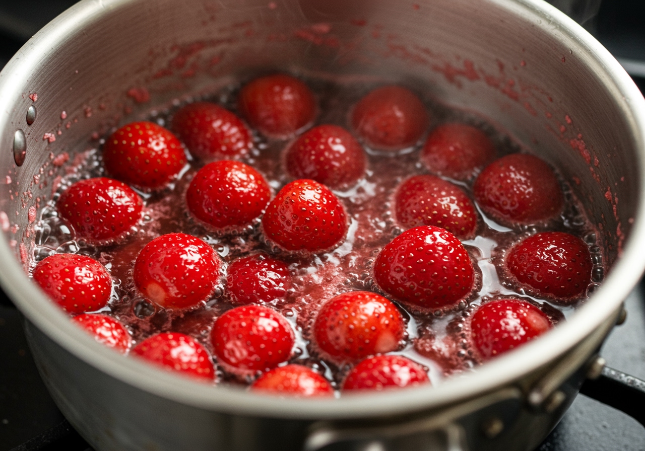 Fresh, ripe strawberries being gently simmered with a touch of sugar and lemon juice in a small saucepan, creating a vibrant red strawberry compote.