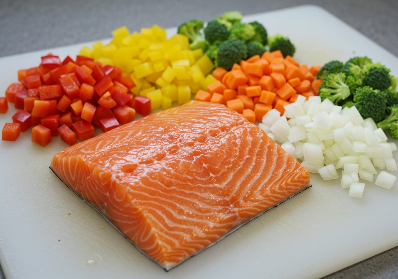 Fresh salmon fillet and various chopped vegetables (onion, mushrooms, bell peppers, broccoli, carrots) laid out, ready for preparation.
