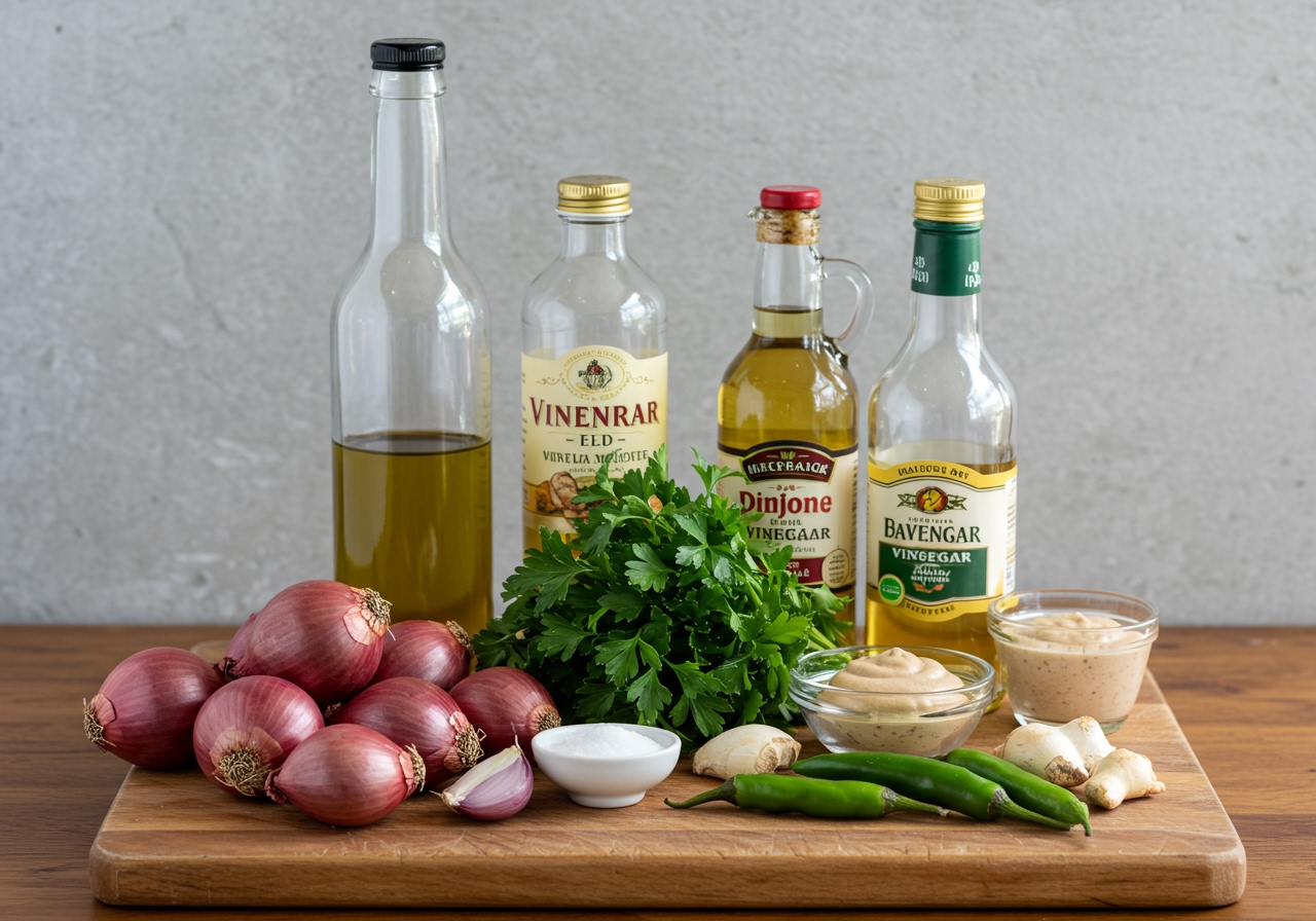 Fresh shallots, Italian parsley, a bottle of olive oil, white wine vinegar, Dijon mustard, and other ingredients for the vinaigrette beautifully arranged on a rustic wooden cutting board, ready for preparation.