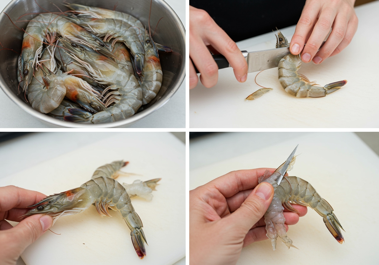 Fresh shrimp being cleaned and deveined, showing the process clearly.