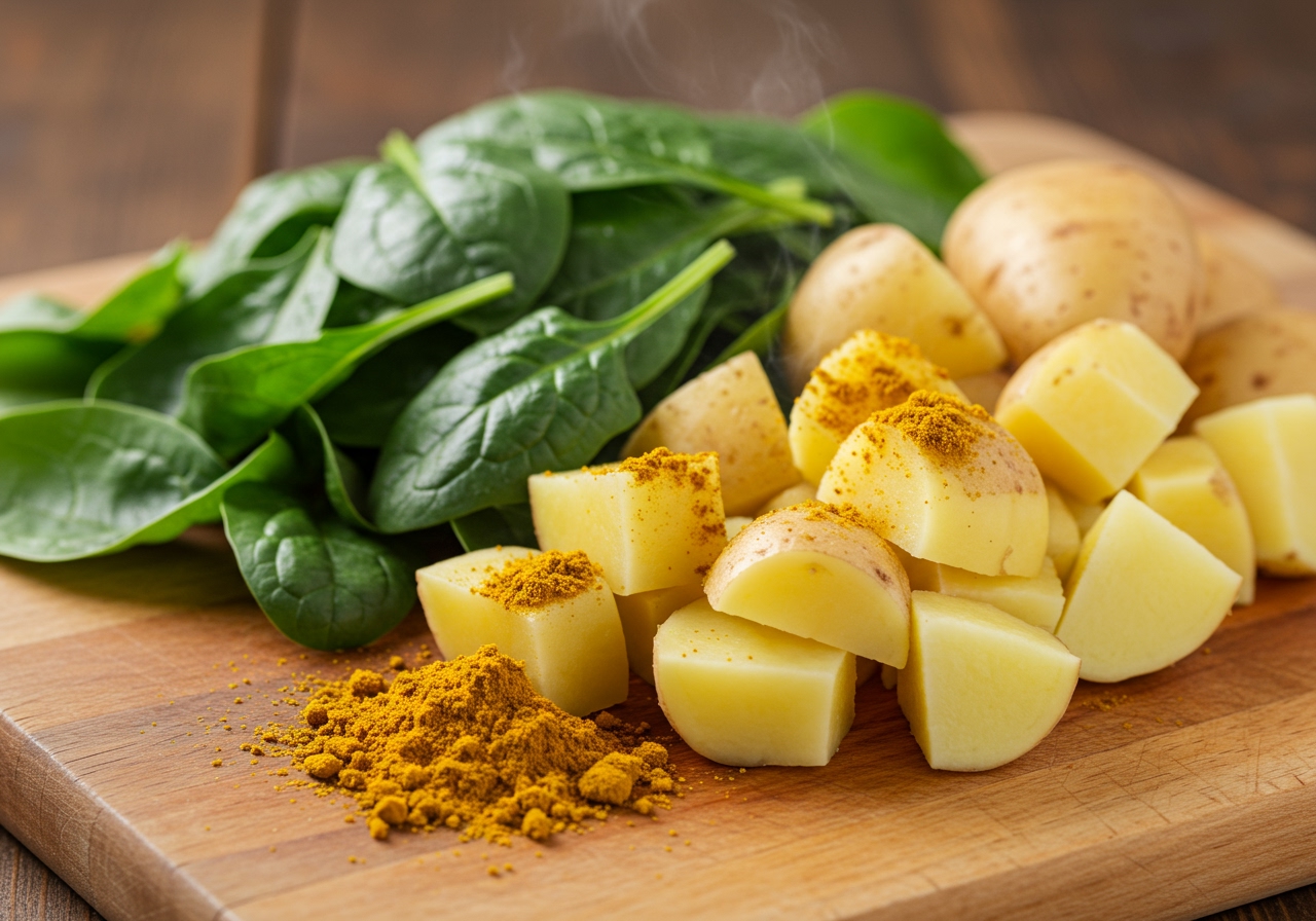 Fresh spinach, potatoes, and curry powder arranged on a wooden board, ready for soup preparation, with warm natural lighting.