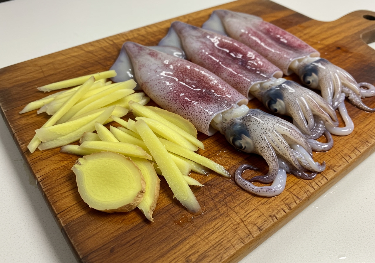 Fresh squid and ginger arranged appealingly on a cutting board, ready for cooking.