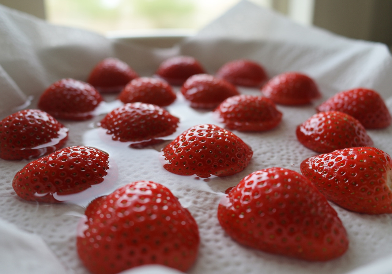 Fresh strawberries being gently washed and dried on a paper towel.