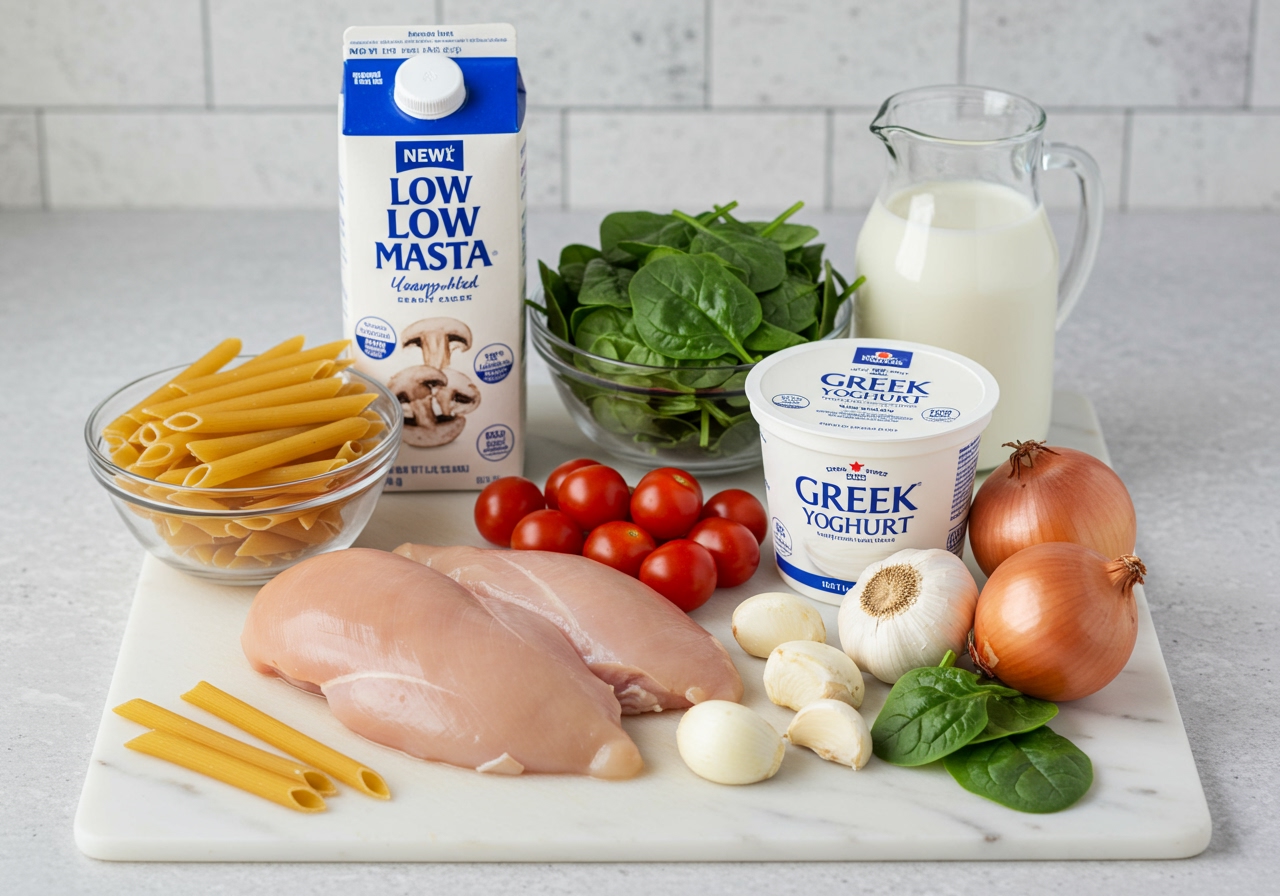 Fresh, vibrant ingredients for healthy creamy chicken pasta: lean chicken breast, whole wheat pasta, spinach, cherry tomatoes, mushrooms, garlic, onion, a carton of low-fat milk, and a tub of Greek yogurt, neatly arranged on a white cutting board.