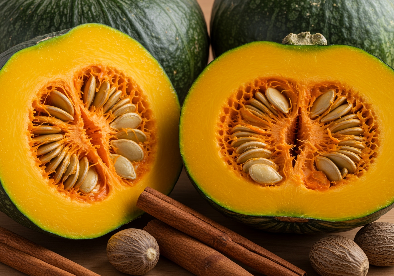 Fresh, vibrant orange kabocha squash cut in half, showcasing its bright color and seeds, with other autumn spices like cinnamon sticks and nutmeg around it.