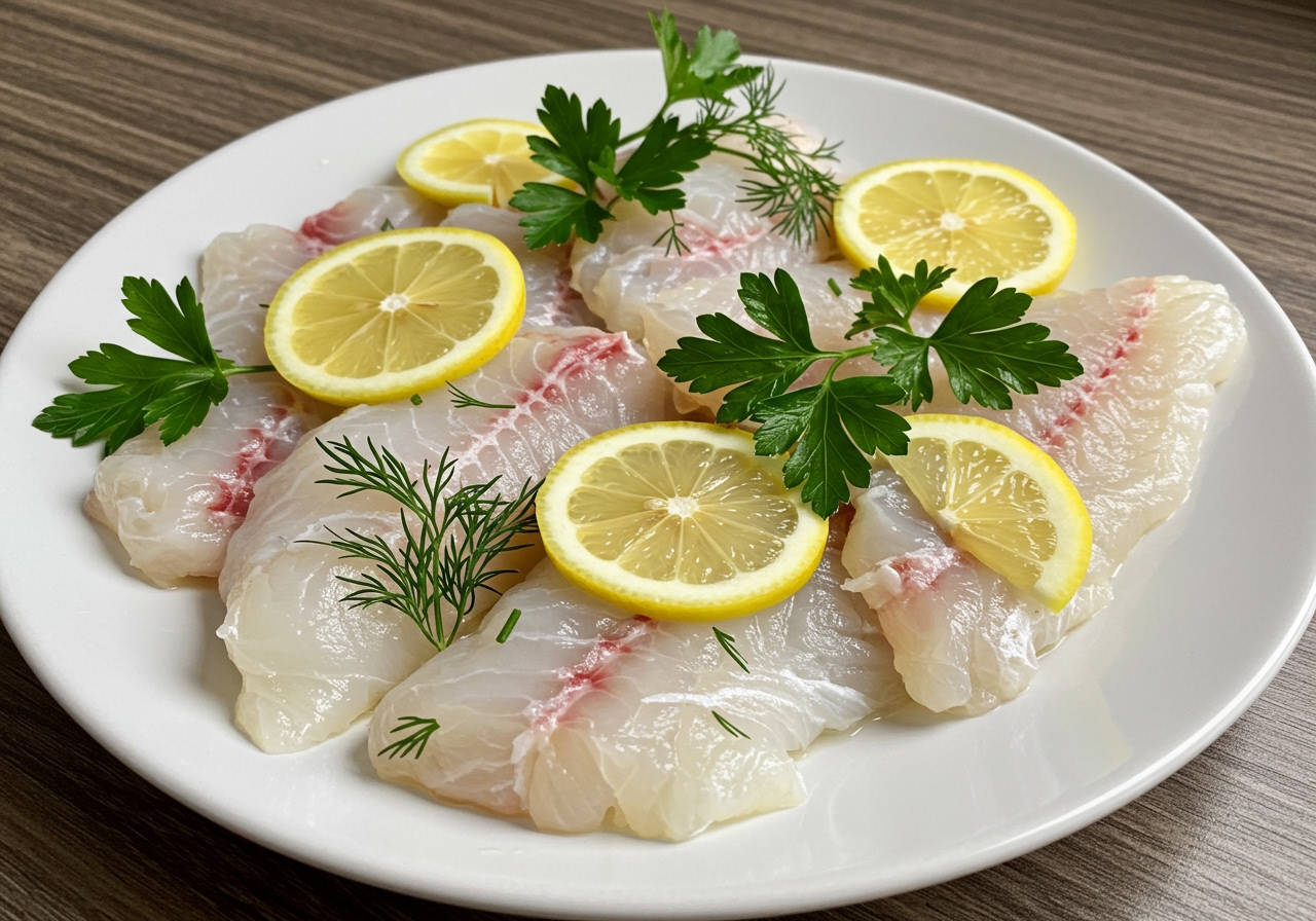 Fresh white fish fillets suitable for steaming arranged on a plate with lemon slices and herbs.