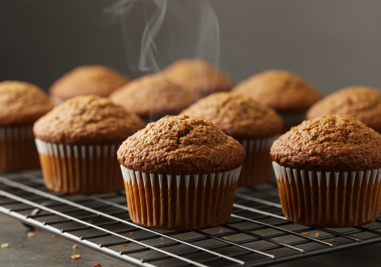 Freshly baked bran muffins cooling on a wire rack, steam gently rising from their golden brown crusts. The muffins look plump and perfectly domed, with visible bran texture and hints of added ingredients like nuts or berries. Soft, diffused natural lighting.