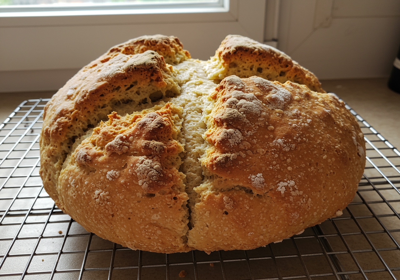 Freshly baked Irish soda bread on a cooling rack, showing the characteristic cross cut on top and a golden brown crust.