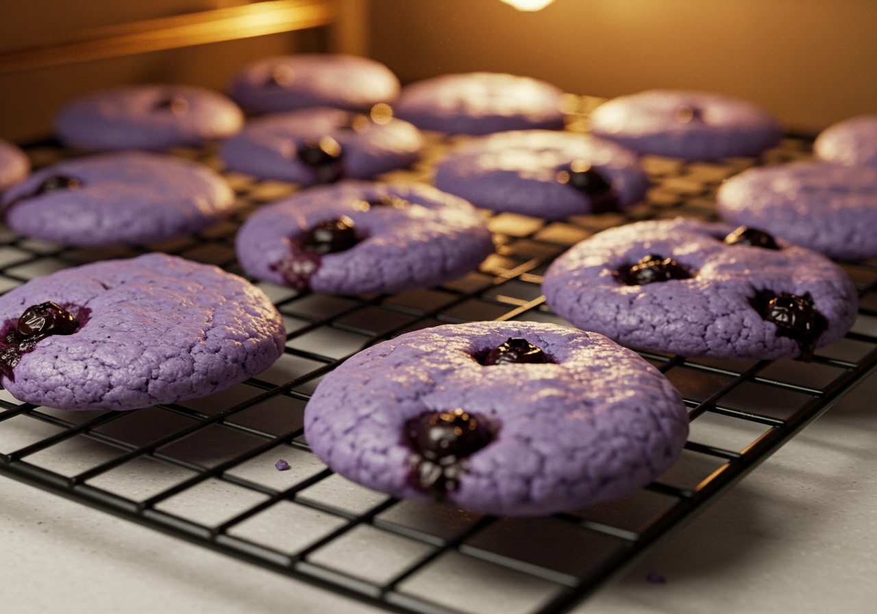 Freshly baked lavender-colored blueberry cookies cooling on a wire rack.