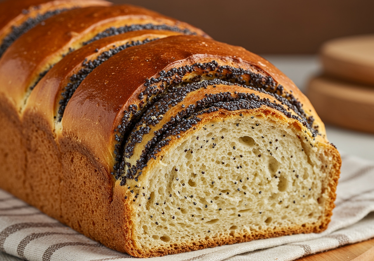 Freshly baked poppy seed bread loaf, golden brown with a slight crack on top