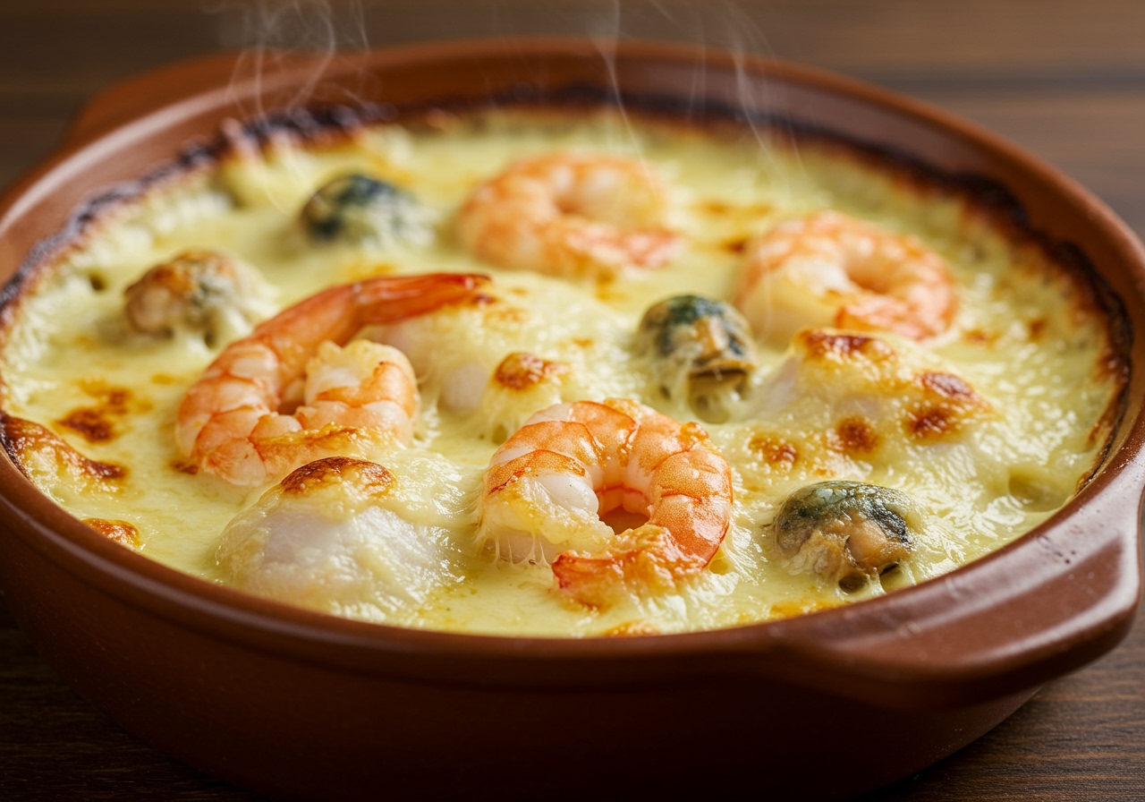 Freshly baked seafood gratin in a dish, bubbling and golden brown, ready to eat
