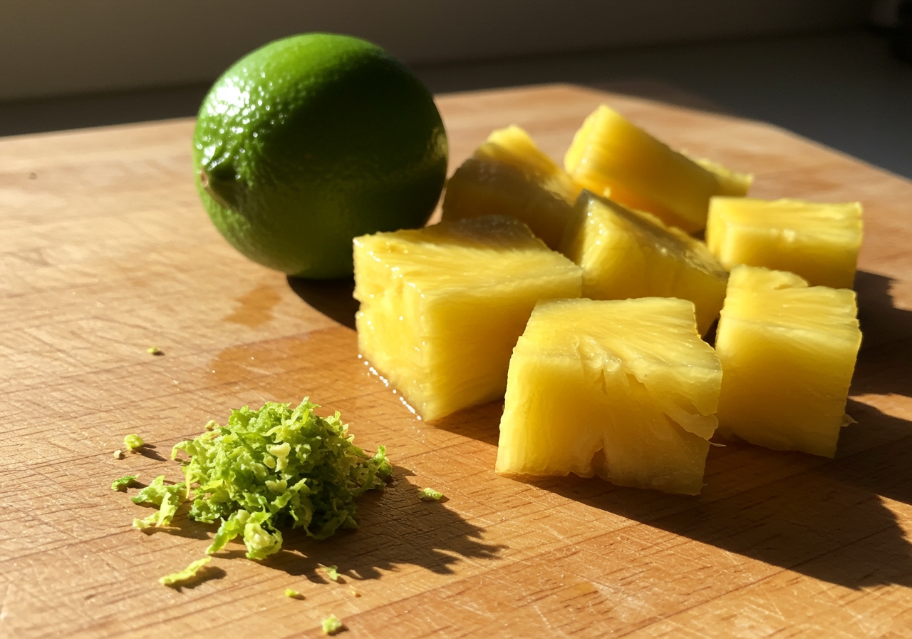Freshly cut pineapple cubes next to a whole lime and lime zest, ready to be mixed with rice.