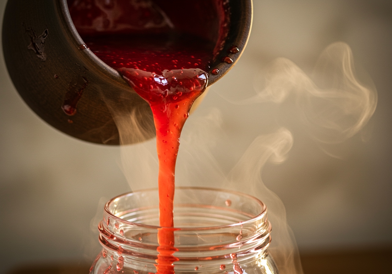 Freshly made vibrant red strawberry syrup being poured from a small pot into a glass jar, steam gently rising.
