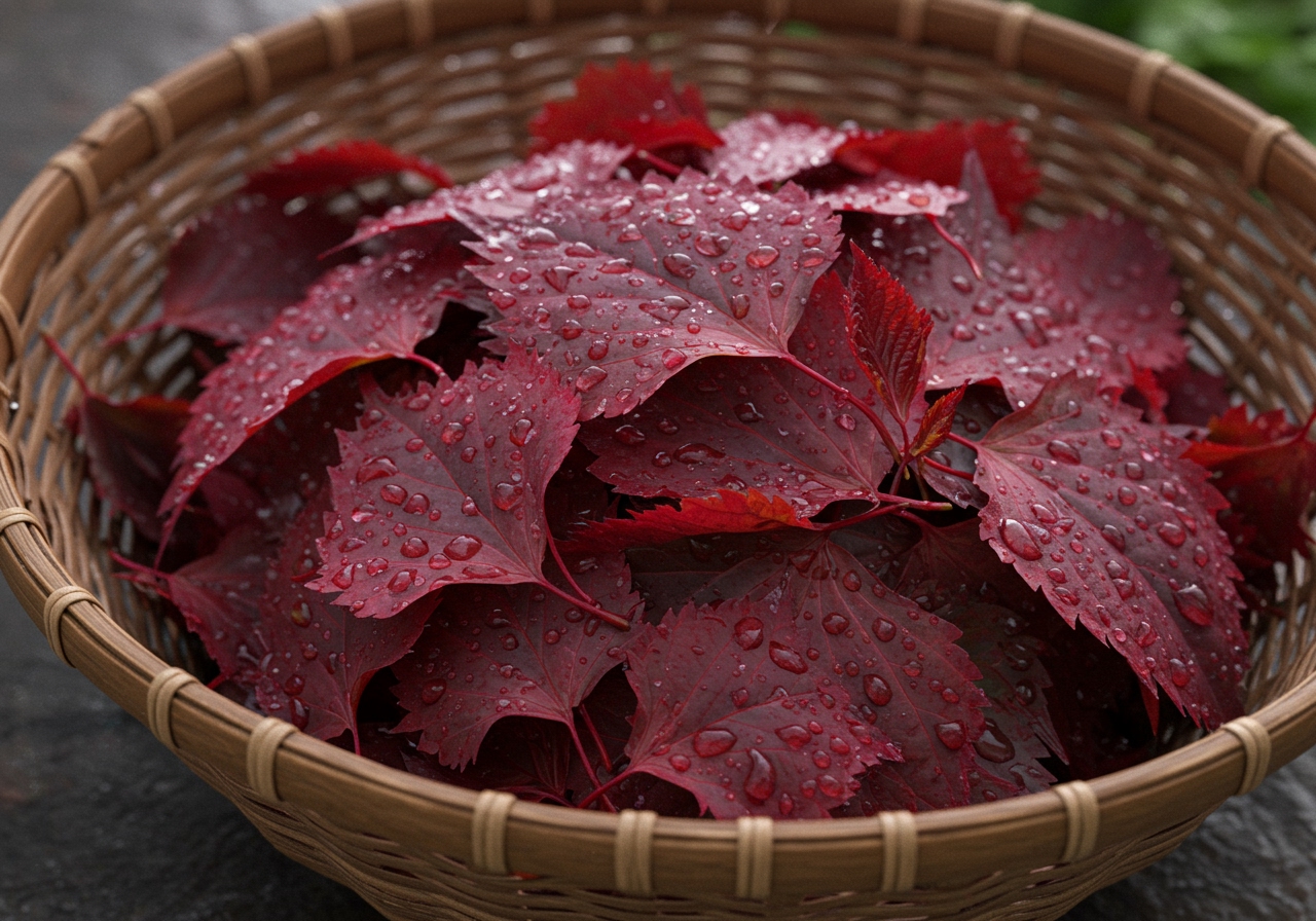 Freshly picked red shiso leaves in a basket