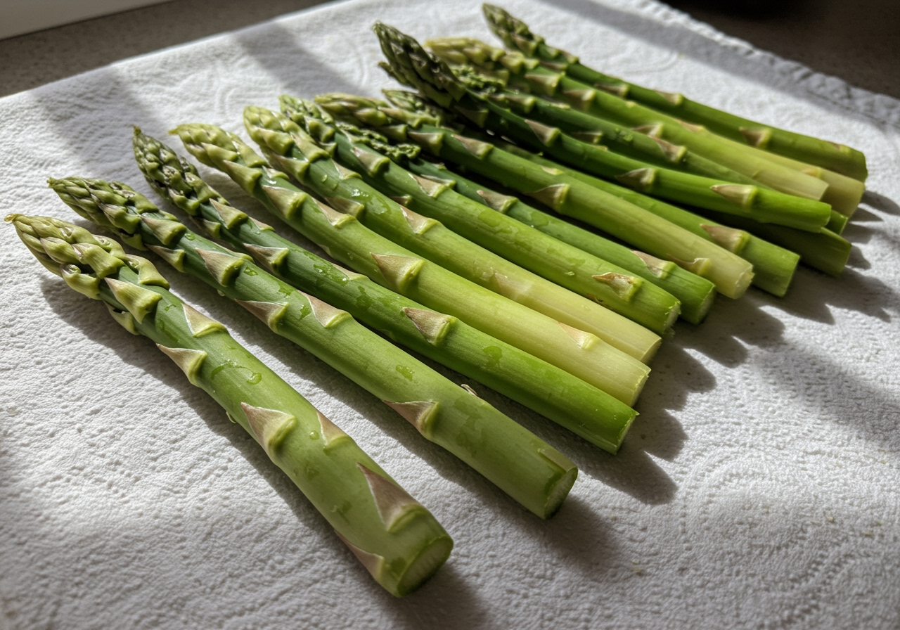 Freshly prepared asparagus spears, some snapped at the base, some blanched, laid out on a clean kitchen towel ready for cooking.