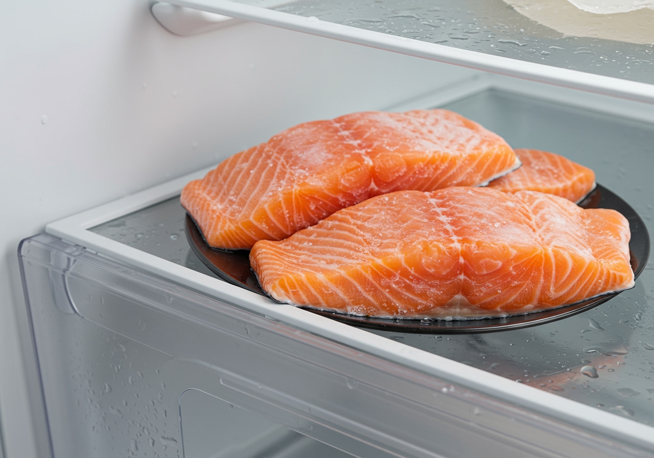 Frozen salmon fillets thawing in a refrigerator