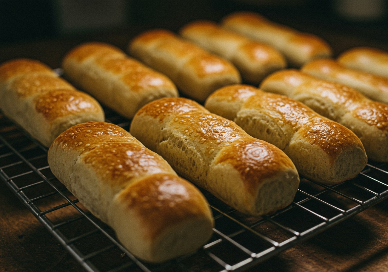 Golden brown, baked breadsticks cooling on a wire rack, looking crispy and delicious.
