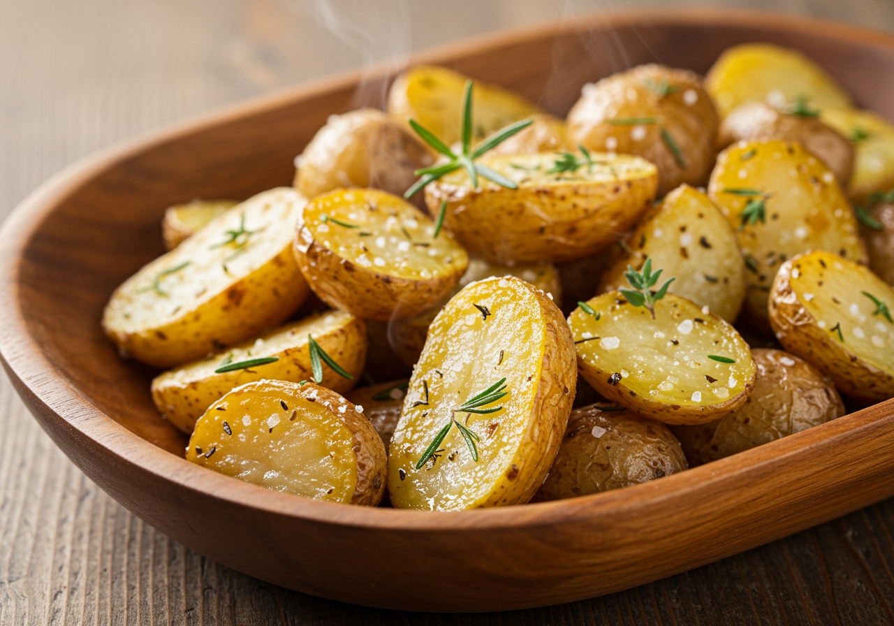 Golden brown, crispy herb-roasted potatoes piled on a rustic serving dish, speckled with green herbs and sea salt, with steam gently rising.