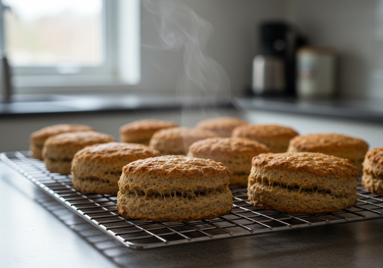 Golden brown, freshly baked Scotch oat scones cooling on a wire rack. Steam might be subtly rising from them, indicating warmth. A blurry background of a kitchen.