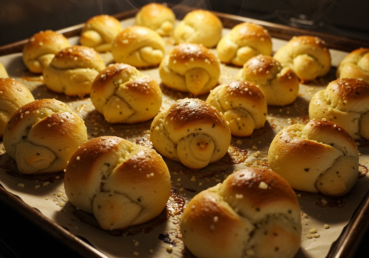 Golden-brown garlic knots fresh out of the oven, arranged neatly on a baking sheet lined with parchment paper, still slightly steaming.