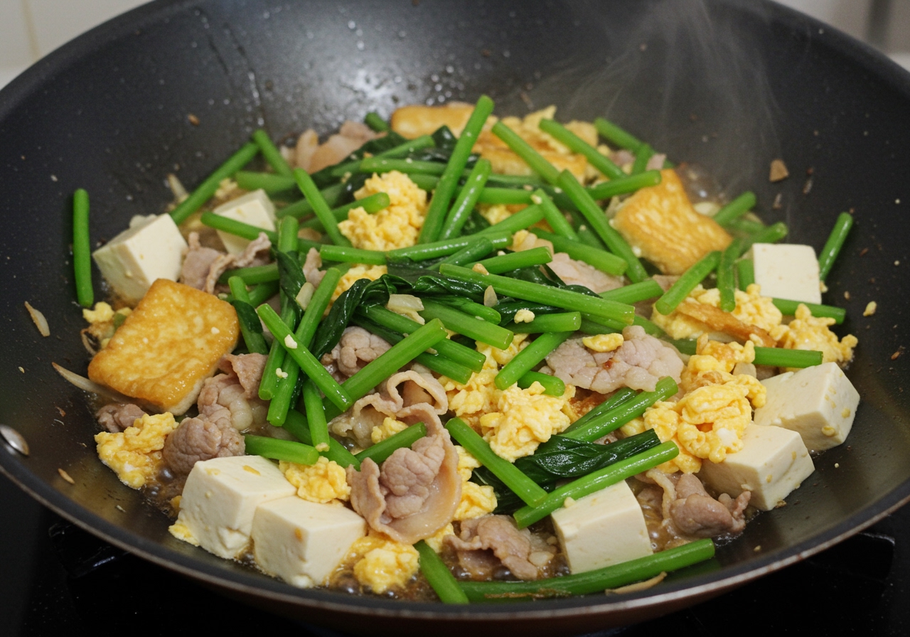 Goya Champuru being stir-fried in a pan, showing the mix of goya, tofu, pork, and egg.