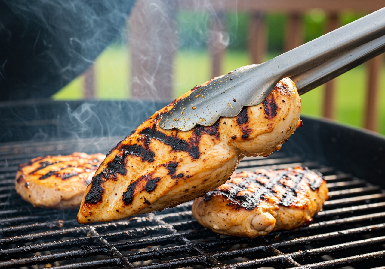 Grilled chicken breast being taken off a hot grill grate, showing nice char marks.