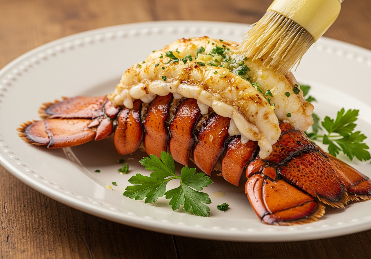 Grilled lobster tail with grill marks, brushed with garlic butter, on a plate.
