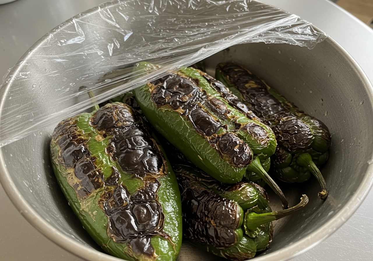 Grilled poblano peppers with charred skin cooling in a bowl covered with plastic wrap.