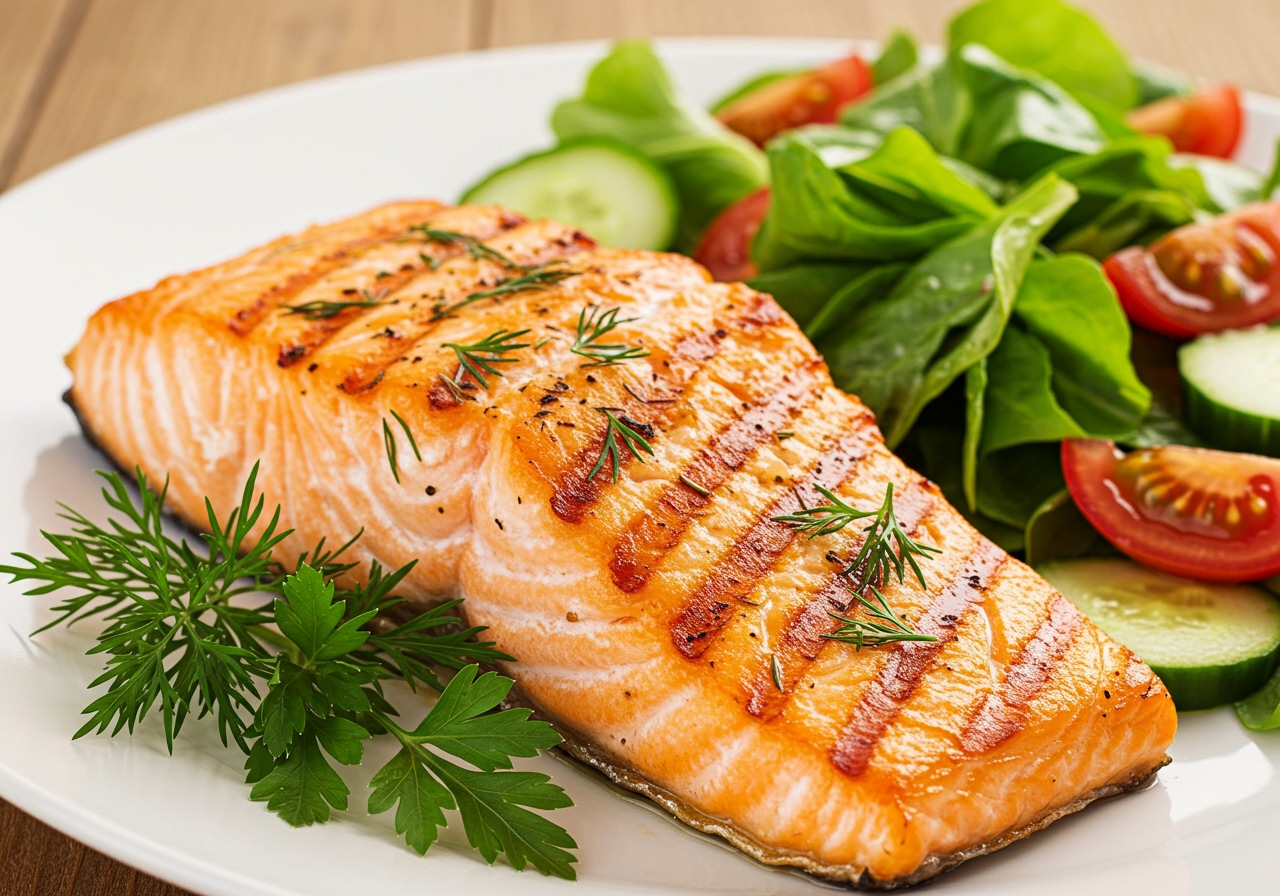 Grilled salmon fillet with fresh herbs, served with a large colorful salad with leafy greens, tomatoes, and cucumber