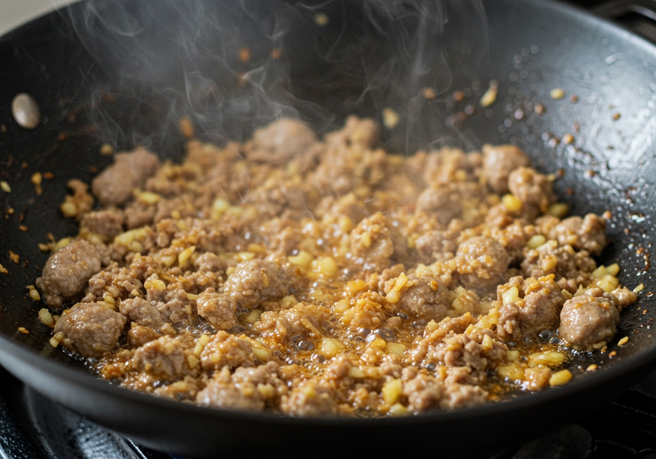 Ground pork being stir-fried in a pan with garlic and ginger until browned and crumbly.