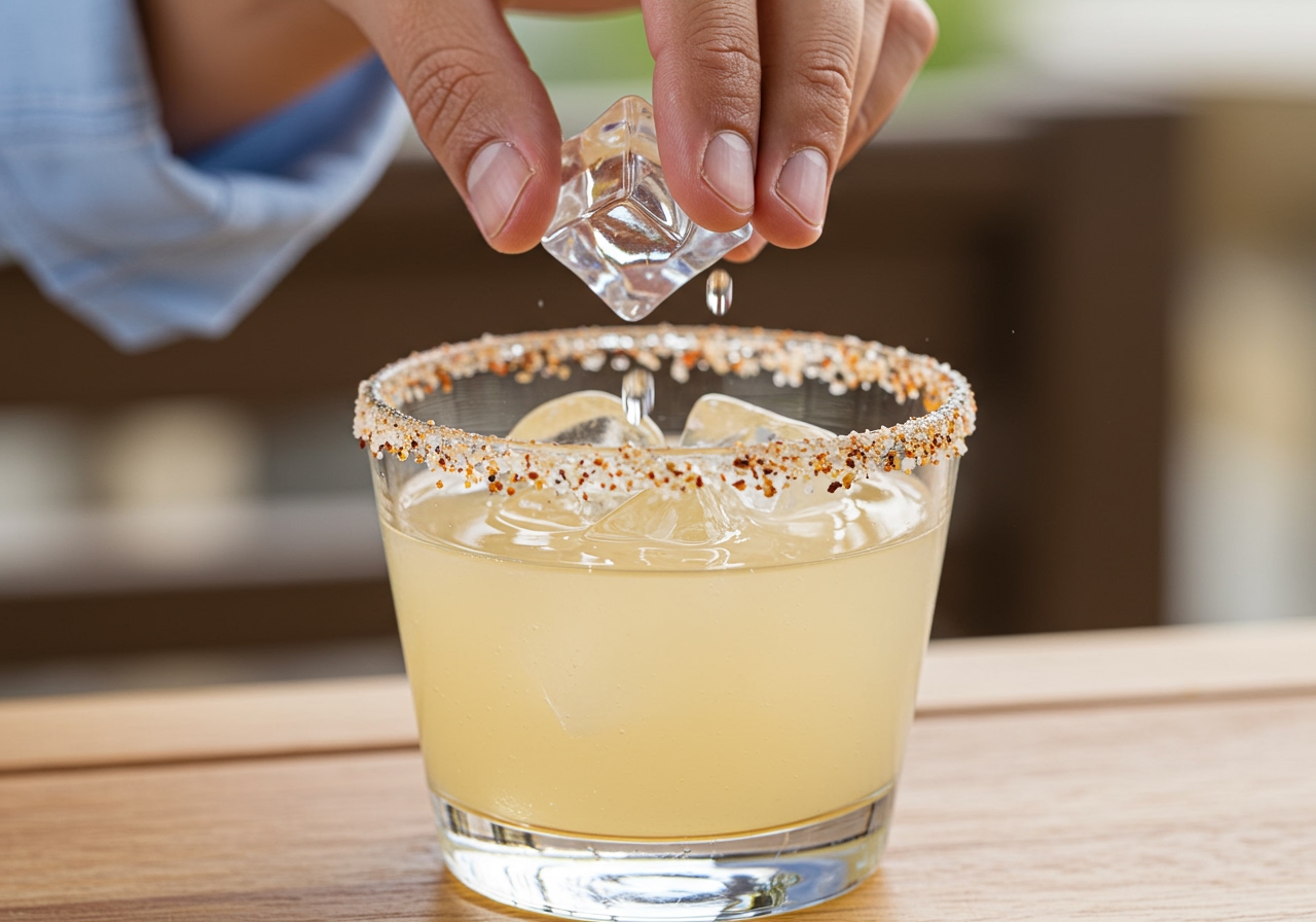 Hand adding fresh ice cubes to a margarita glass prepared with a spicy salt rim.