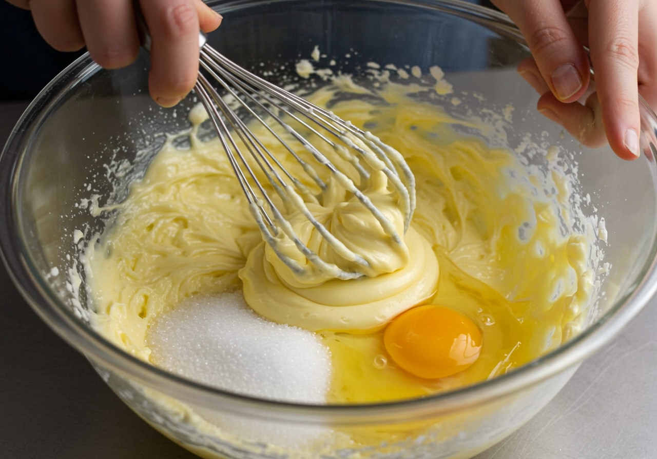 Hand whisking butter, sugar, and egg mixture in a bowl, showing a creamy texture.