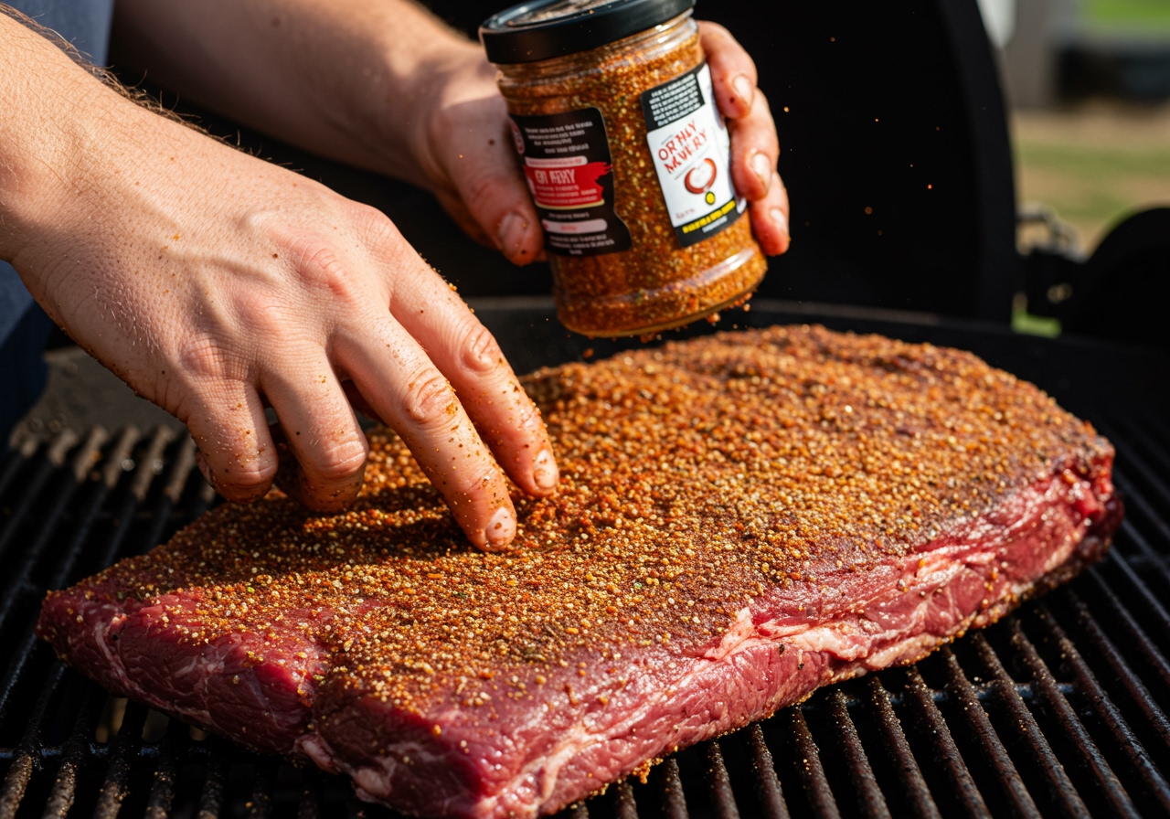 Hands applying a generous amount of dry rub spice mixture to a large cut of beef brisket or pork shoulder before grilling.