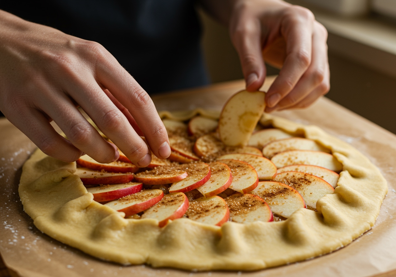 Hands arranging sliced apples mixed with sugar and cinnamon onto a circle of raw galette dough.