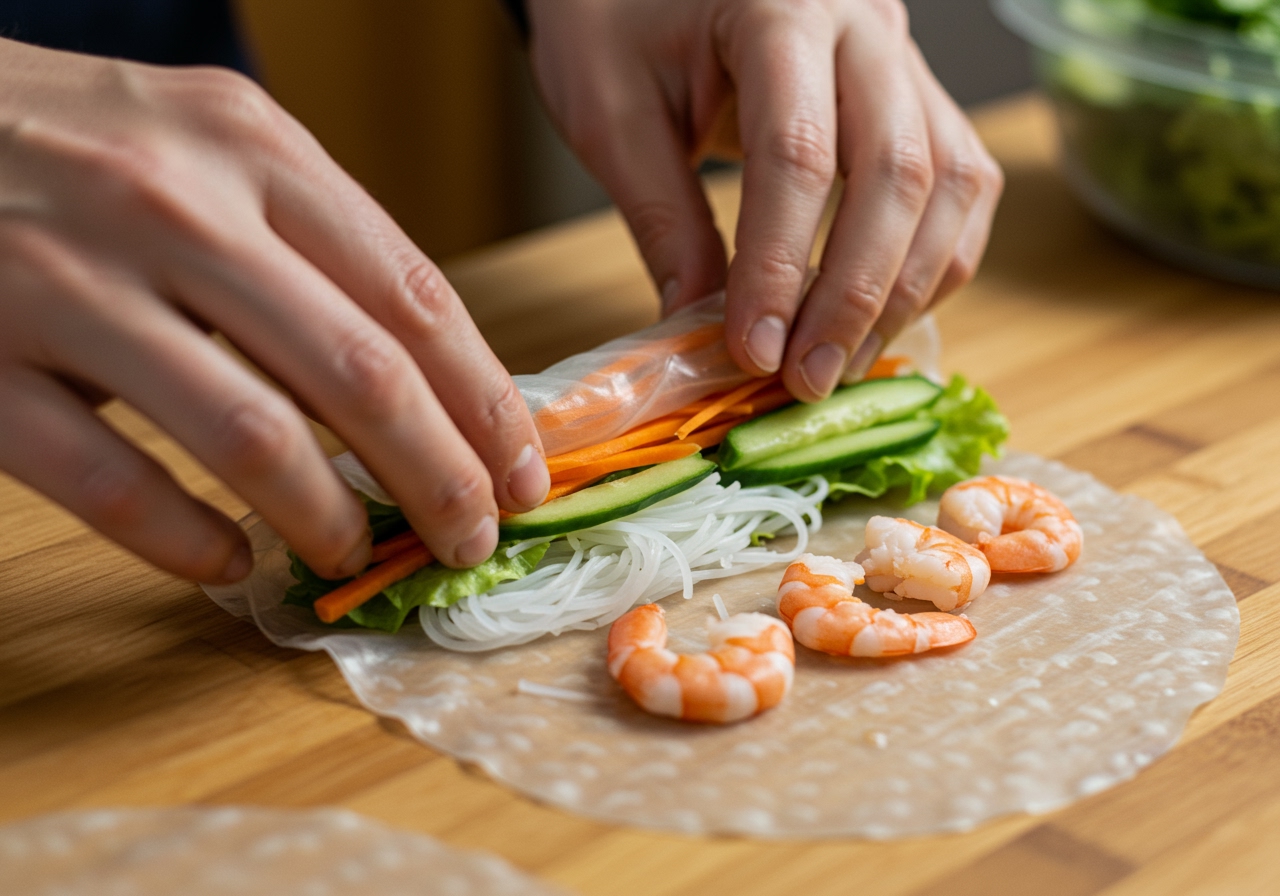 Hands arranging sliced vegetables, cooked shrimp, and vermicelli noodles on a softened rice paper wrapper, preparing to roll a fresh spring roll.