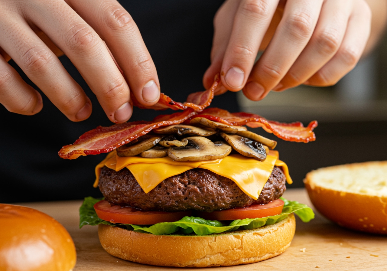 Hands assembling a gourmet burger, carefully placing crispy bacon and sautéed mushrooms onto a cheesy beef patty, with fresh lettuce and tomato visible beneath.