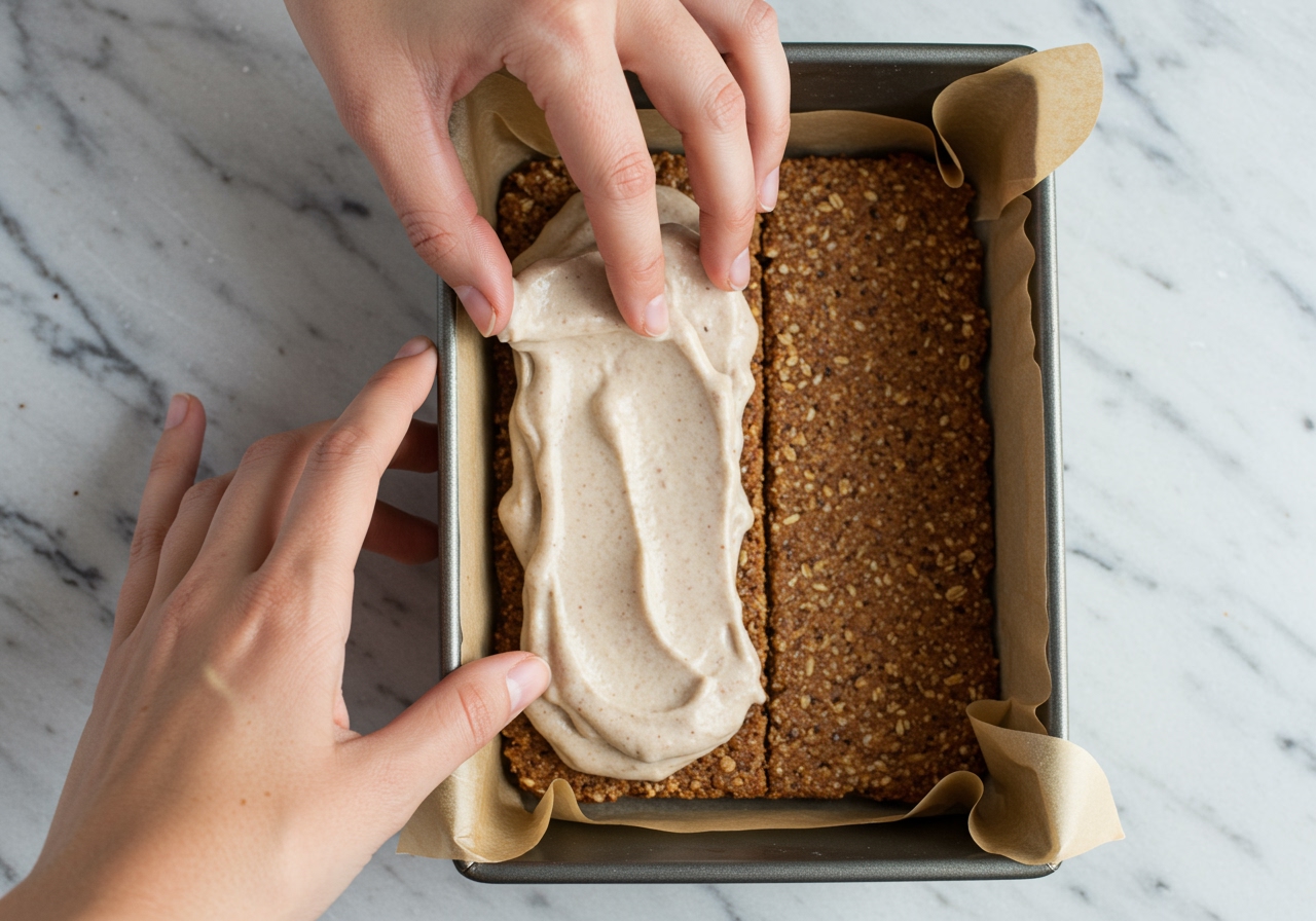 Hands assembling a healthy ice cream sandwich cake, placing a layer of homemade nice cream onto a baked whole grain cookie layer in a loaf pan lined with parchment paper.