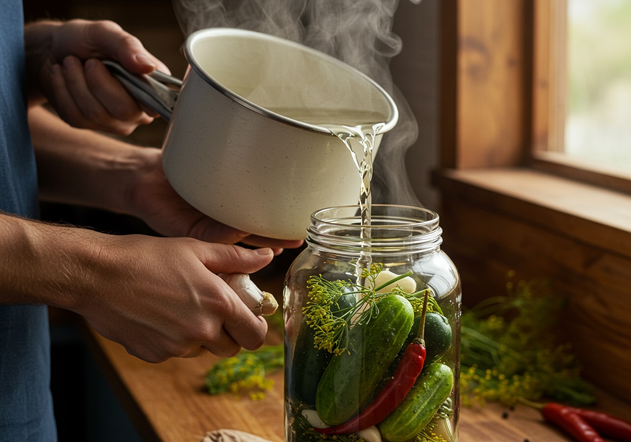 Hands carefully pouring warm pickle brine from a saucepan into a glass jar packed with cucumbers, dill, garlic, and chili slices.