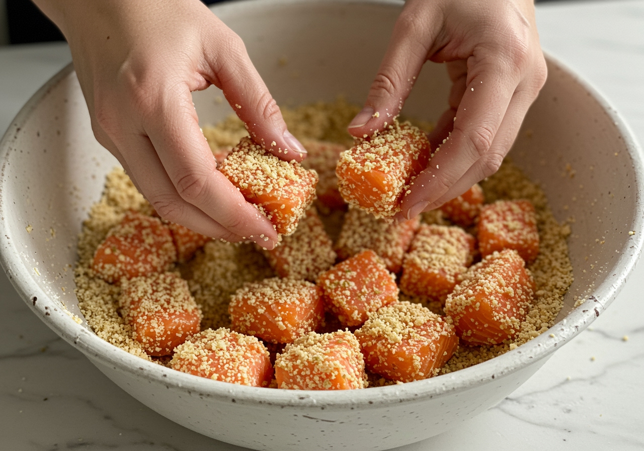 Hands coating cubed salmon pieces in breadcrumbs or panko in a bowl.