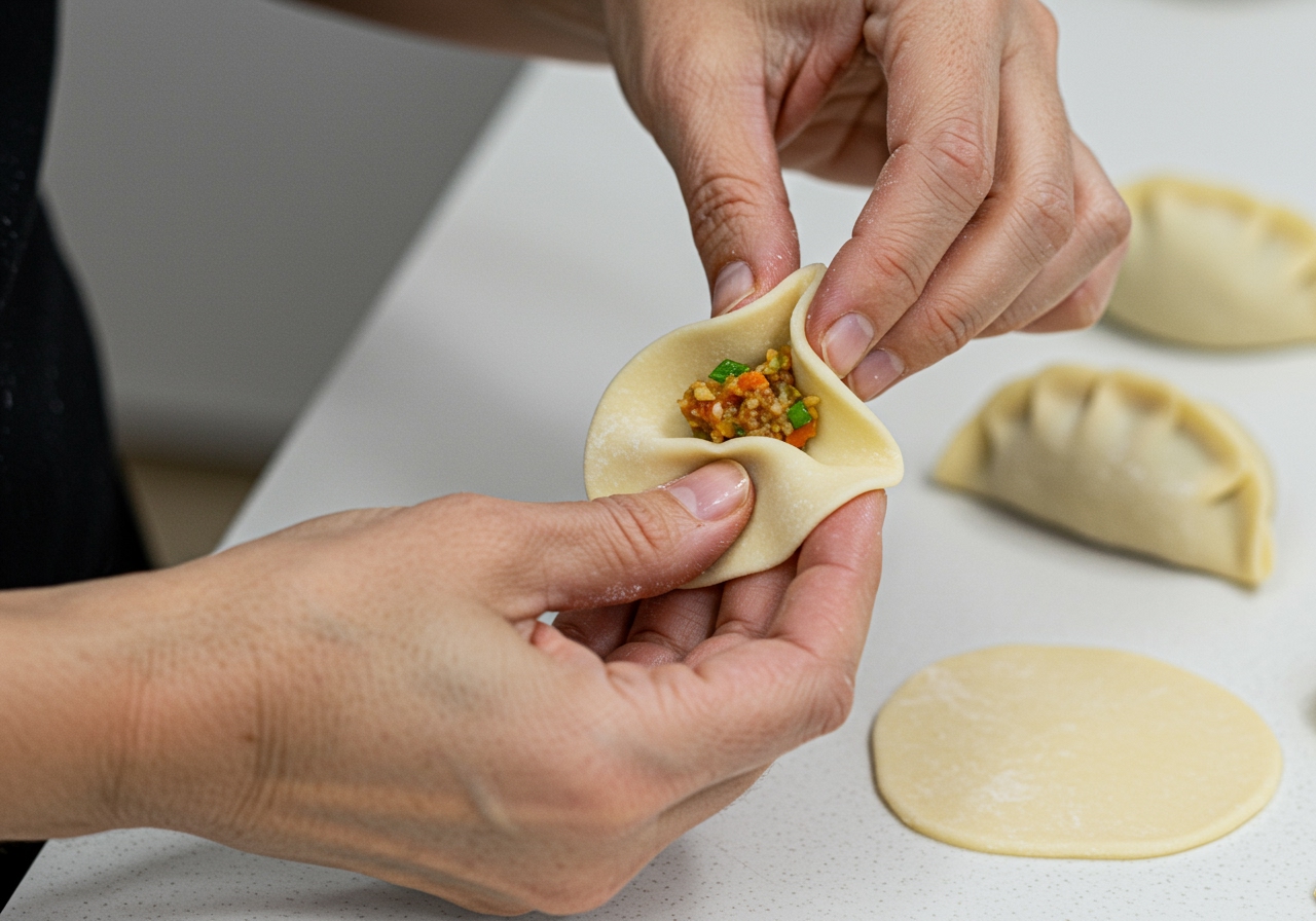 Hands demonstrating the pleating and wrapping process of a momo dumpling.
