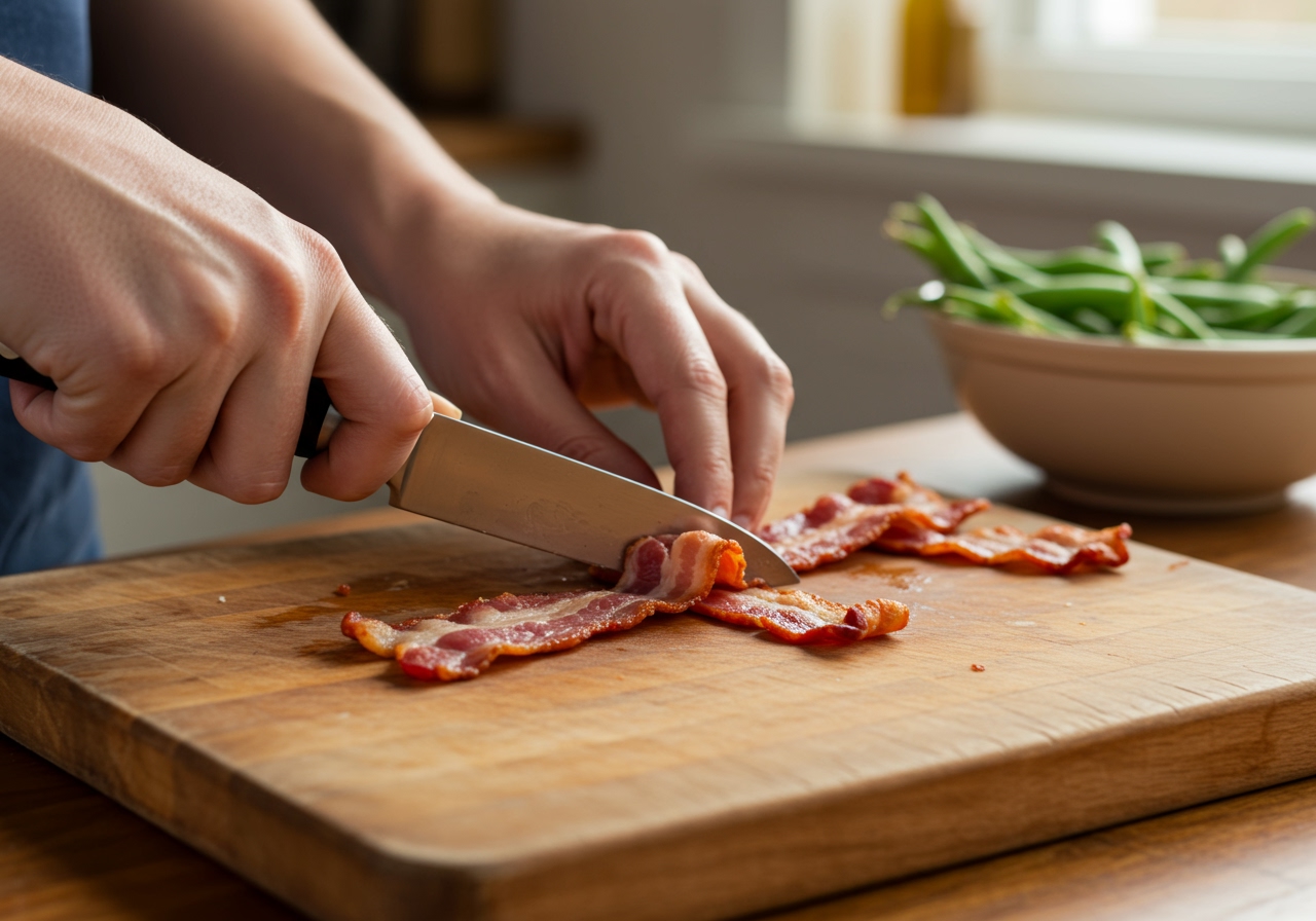 Hands dicing bacon on a cutting board, with fresh green beans in a bowl nearby, illustrating the preparation stage of the recipe.