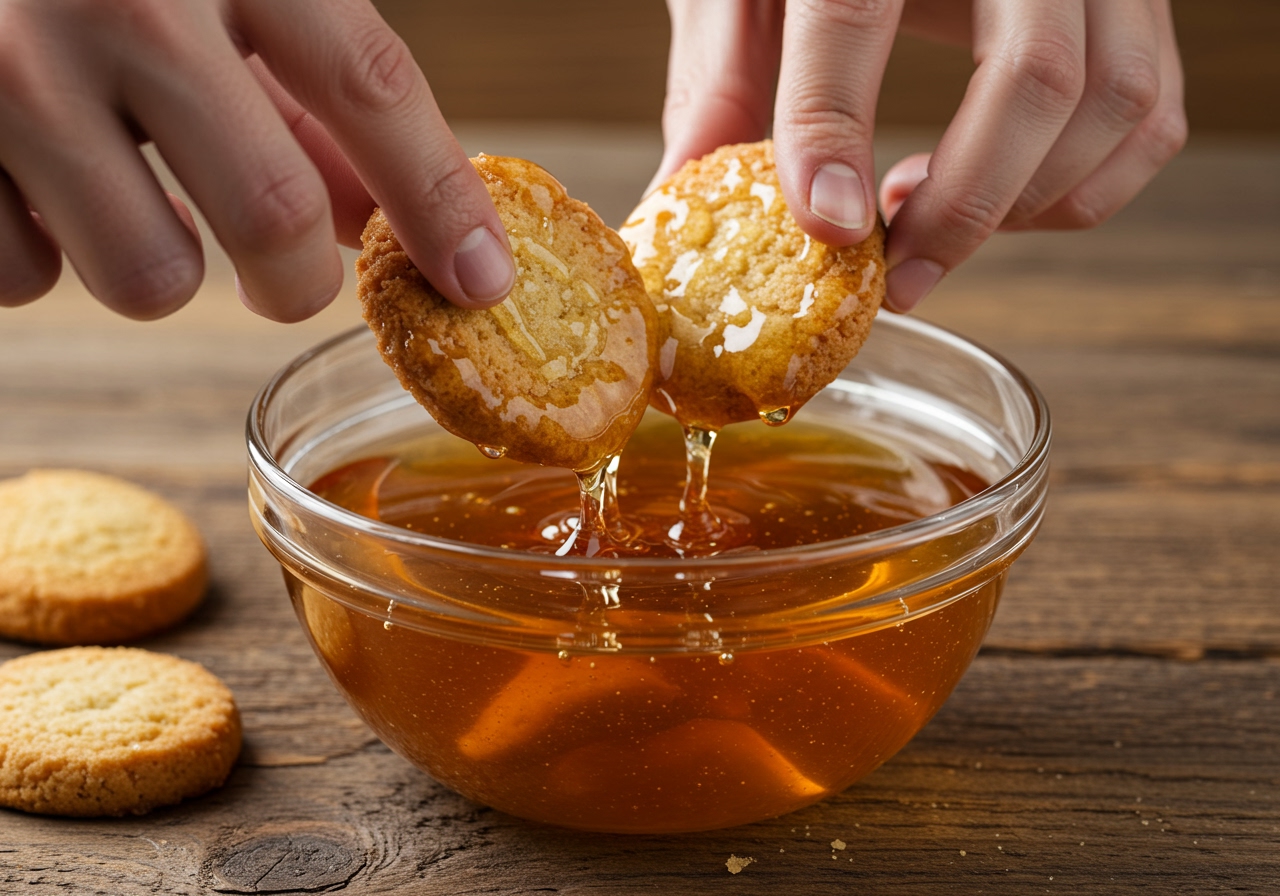 Hands dipping warm Finikia cookies into a bowl of cool honey syrup, showing the syrup absorbing into the cookies