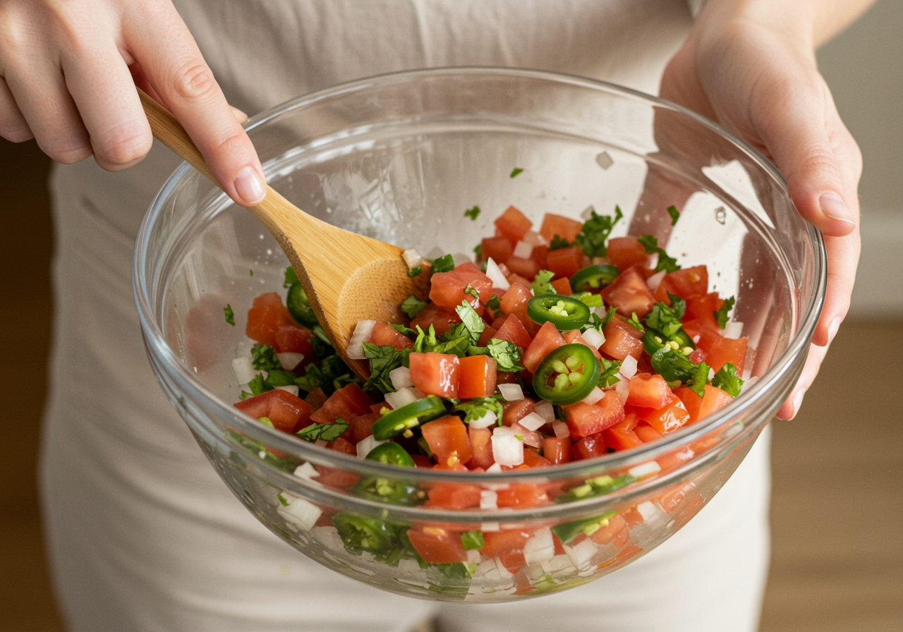 Hands gently mixing diced tomatoes, onions, cilantro, and jalapeños in a large glass bowl with a spoon, highlighting the preparation process of pico de gallo.