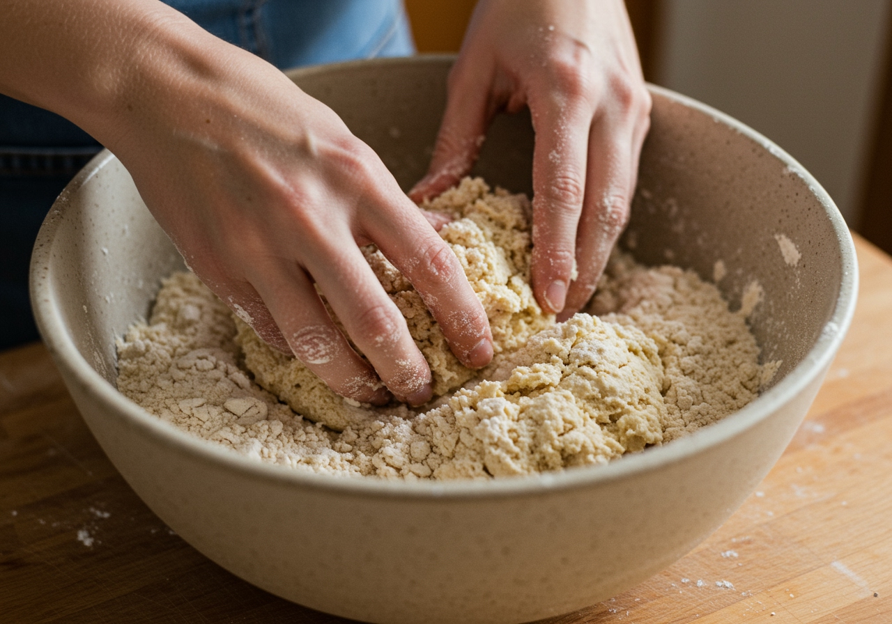 Hands gently mixing dry ingredients and then adding buttermilk to form a shaggy dough for soda bread.