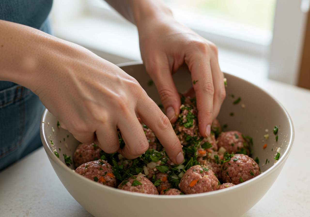 Hands gently mixing ingredients for healthy meatballs in a bowl