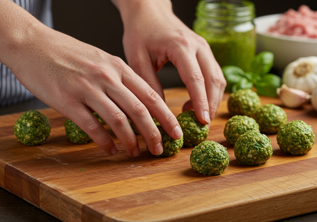 Hands gently rolling a mixture of ground turkey and pesto into small, uniform meatballs on a cutting board, with ingredients visible in the background.