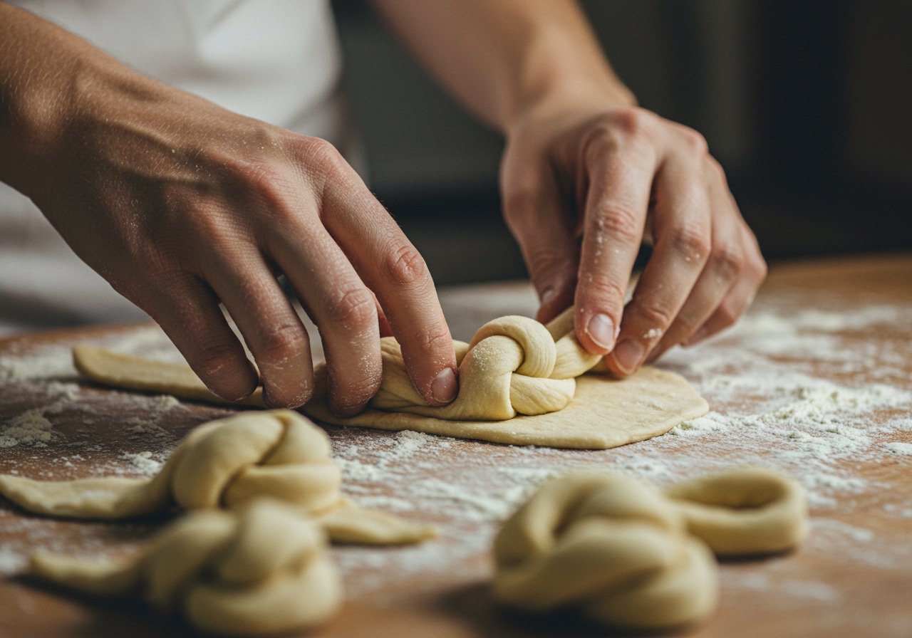 Hands gently shaping pizza dough strips into loose knots on a lightly floured surface, with more dough strips ready for shaping.