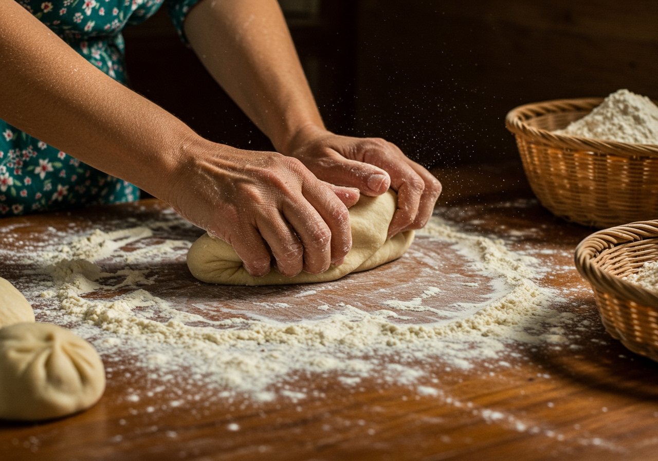 Hands kneading momo dough on a floured surface.