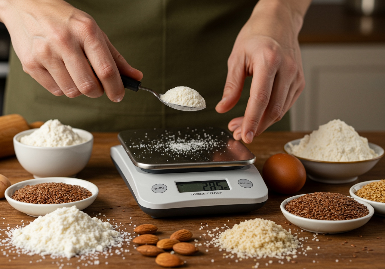 Hands measuring ingredients with a scale, showing precision in baking, with various alternative ingredients nearby.